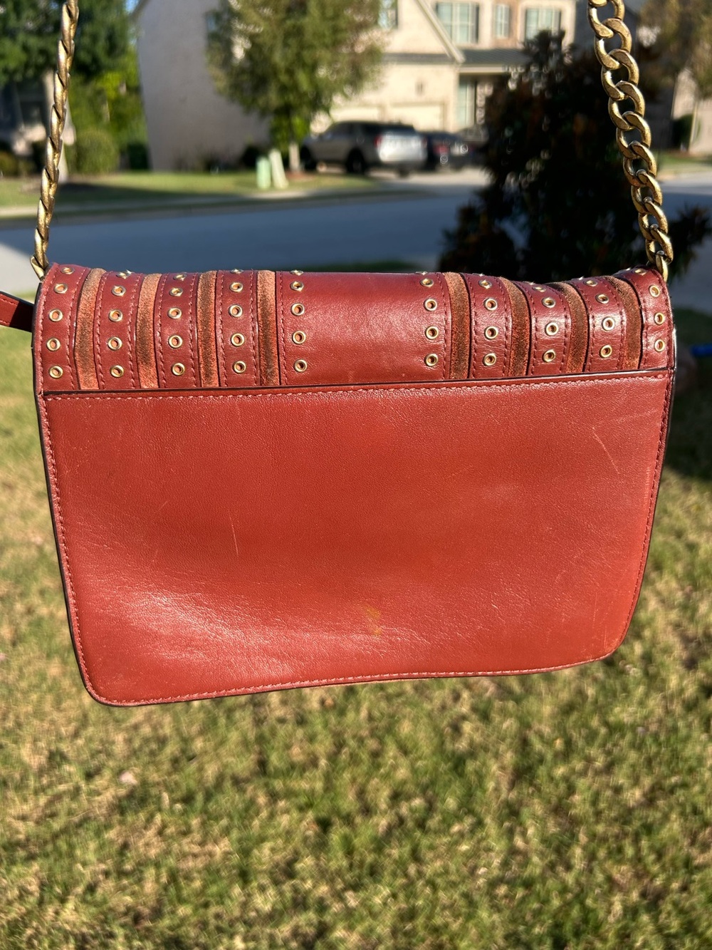 Vintage Michael  Kors Astor Rust/Burnt Orange Leather & Suede Grommet Chain - Picture 2 of 15